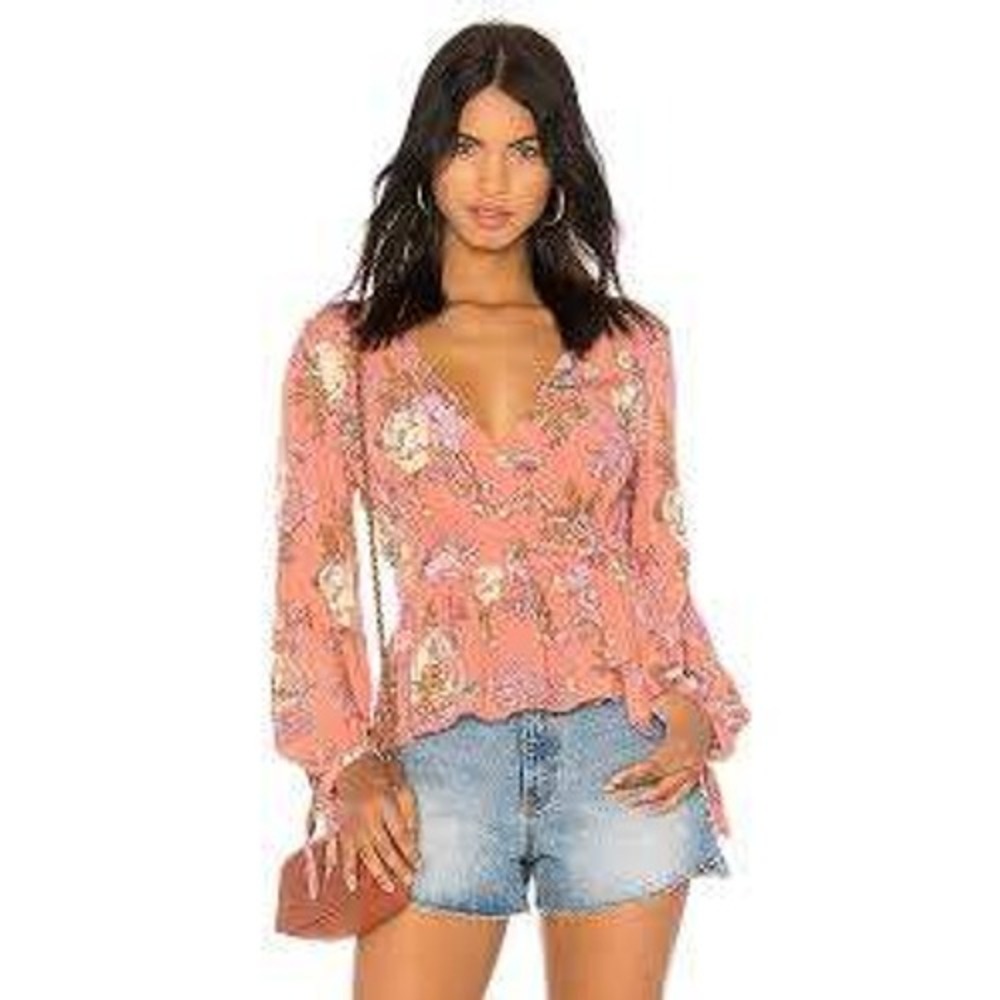 Spell & The Gypsy Collective Wrap Top Womens Small Pink Floral Peplum Sleeve